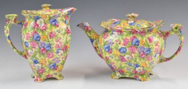 Royal Winton cube shaped chintz teapot and covered jug decorated in the Sweet Pea pattern, tallest