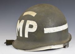 American steel helmet marked MP to front, with liner and chin strap