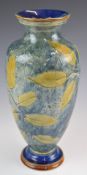 Royal Doulton pedestal vase with incised leaf decoration, height 33cm