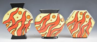 Three signed Lorna Bailey vases decorated in the Inferno pattern, tallest 20cm