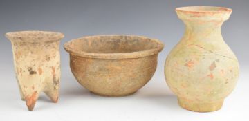 Three antique pottery vessels comprising possibly Roman, Neolithic and Chinese, tallest 28cm