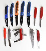 Twelve pocket knives including Swiss Army example with twelve blades / tools, clasp knife etc,