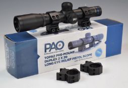 Pao Topaz Pre-Mount Duplex 2x20 Long Eye Relief pistol scope with 9/11mm mounts, in original box.