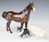 Beswick first version swish tail horse, sheepdog and pig, tallest 21cm