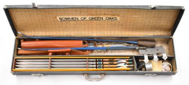 Vintage archery bow and Apollo Pathfinder arrows, in fitted case with Bowmen of Greenoaks label.