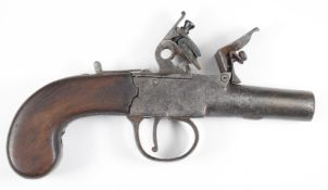 English flintlock pocket pistol with thumb slide safety, shaped wooden grip and 2 inch turn-off
