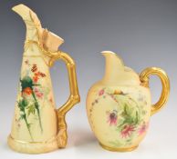 Royal Worcester blush ivory flatback jug and ewer decorated with flowers and a snail, tallest 26cm