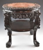 Chinese 19thC padauk wood table with carved and pierced decoration figural legs, ball and claw