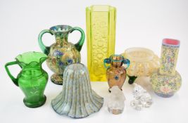 Nine pieces of decorative glassware including uranium Whitefriars style vase, Mary Gregory jug,