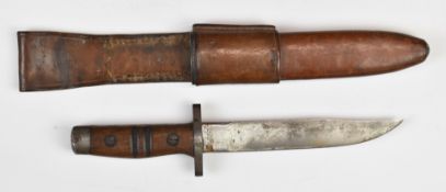 Fighting knife fashioned from a cut down bayonet, with 16cm Bowie style blade, scabbard and frog.