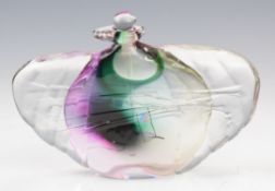 Chris Comins glass scent bottle with green, purple and clear trailed decoration, 12.5cm tall.