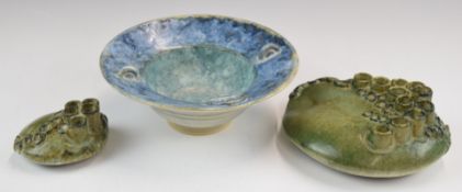 Three pieces of studio pottery including a pedestal dish with dragon decoration, probably Carol