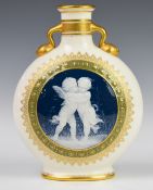 Minton twin handled pedestal pate sur pate moon flask emblematic of love / Cupid, decorated with