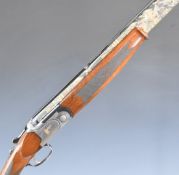 Lanber Sporter 12 bore over and under ejector shotgun with gilt single trigger, engraved scenes of