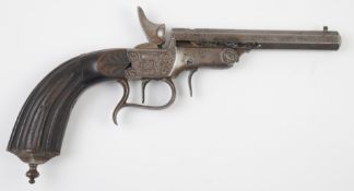 Continental .22 hammer action saloon pistol with ornately engraved locks, top plate, spurred trigger