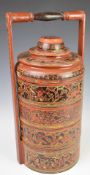 Chinese lacquered sectional tiffin / food carrier with cover, height 48cm and a scroll painting by