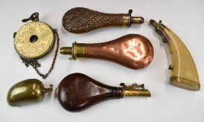 Six various powder and sot flasks including James Dixon & Sons with embossed decoration, Sykes Extra