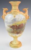 Royal Worcester signed Stinton vase with cattle watering, shape no 1518, height 23cm