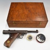 Haenel Model 28 .177 air pistol with inset maker's plaque to the wooden grips, top plate stamped '