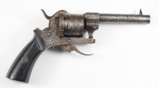 Belgian six-shot pinfire self-cocking revolver with silver inlaid frame and cylinder, shaped