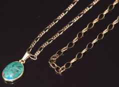 Two 9ct gold necklaces (7.1g) and a 14ct gold pendant set with azurite-malachite