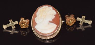 A 9ct gold brooch set with a cameo and two pairs of 9ct gold earrings