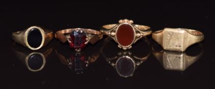 Four 9ct gold rings three set with agate, onyx, paste the other a signet ring, 7.3g