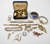 A section of 9ct gold necklace (1.9g),  silver bracelet, enamelled bar brooch, costume jewellery and