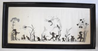 Art Deco embroidery silhouette of a fantastical/magical scene of pixies, mice, hedgehog and