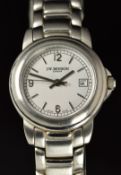 J W Benson wristwatch with date aperture, silver hands and hour markers, white dial, stainless steel
