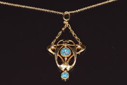 Art Nouveau 15ct gold pendant by Murrle Bennett set with turquoise and seed pearls on 9ct gold