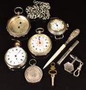 Three silver fob watches, silver fob, silver Albert, etc