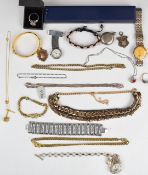 A collection of silver jewellery including ring, two fobs, necklace, bracelet and ring, 10k gold pin