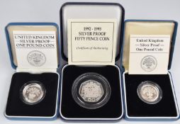 Three Royal Mint silver proof coins comprising 1984 Scotland £1, 1987 England £1 and 1992 50p, all