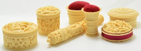 Sewing, needlework and embroidery interest seven vegetable ivory / bone needle cases, pin cushions