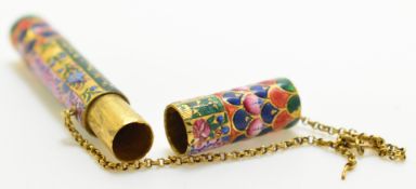 19th/20thC finely enamelled yellow metal needle case, testing at approximately 12ct gold,