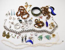 A silver necklace and silver pendant, pearl necklace, eight silver rings, earrings etc