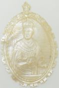 19thC carved mother of pearl religious grand tour or pilgrimage plaque, possibly Camino Way, 9 x