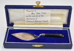 Modern hallmarked silver presentation novelty miniature trowel relating to the Eastcourt Methodist