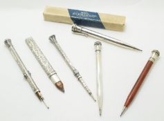 Six hallmarked silver and silver plated propelling fountain pens and pencils including Sampson