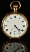 English gold plated keyless winding open faced pocket watch with inset subsidiary seconds dial,