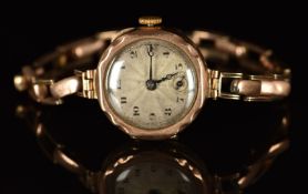 Art Deco 9ct gold ladies wristwatch with subsidiary seconds dial, blued Breguet hands, black