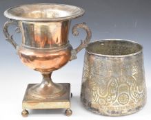 Large silver plated twin handled urn together with a silver plated Eastern pot, height of taller
