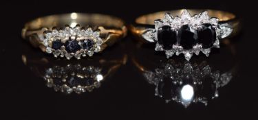 Two 9ct gold ring set with sapphires and diamonds, 4.5g, size O
