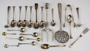 Georgian and later hallmarked silver cutlery including salt spoons, pickle fork and teaspoons