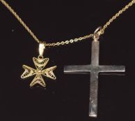 An 18ct gold chain (1.9g), a 9ct gold filigree pendant and a 9ct gold pendant in the form of a cross