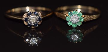 A 9ct gold ring set with a diamond surrounded by emeralds and a 9ct gold ring set with a diamond