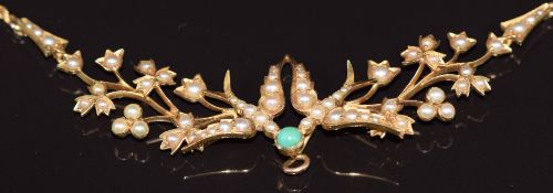 Edwardian 9ct gold necklace in the form of two doves and foliage, set with seed pearls and