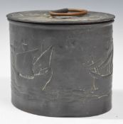 Newlyn School Arts & Crafts oval copper biscuit barrel with repoussé decoration of galleons under