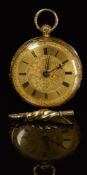 Tanner of Cirencester 18ct gold open faced pocket watch with blued hands, black Roman numerals,